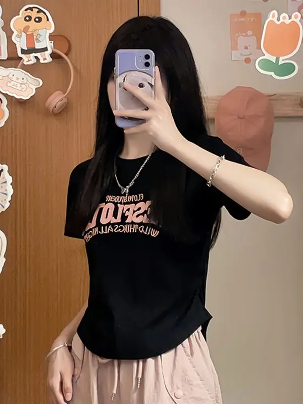 Solid Color Letter Print Short Sleeve T-shirt Women's 2024 Summer Fashion New Harajuku Design Sense Waist Slim Casual Short Top