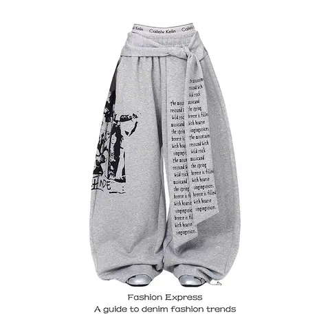 ZHIZOU Women Gray Gothic Baggy Y2k Letter Print Pants Harajuku 2000s Vintage Oversize Sweatpants Wide Leg Trousers Autumn 2025