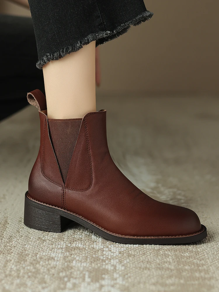 Genuine Leather Women Chelsea Boots New 2024 Spring Autumn Round Toe Ankle Boots Black Brown Retro 4.5CM Mid Block Heeled Shoes