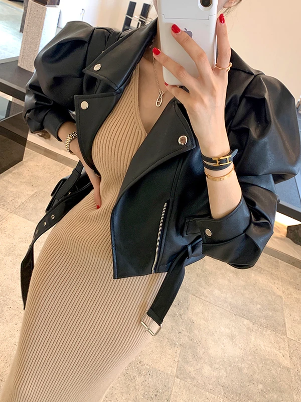 

Женская куртка из искусственной кожи Bla Hong Kong Sle Chic в стиле ретро Faion Personali Bubble Sve, мотоциклетная одежда, топ