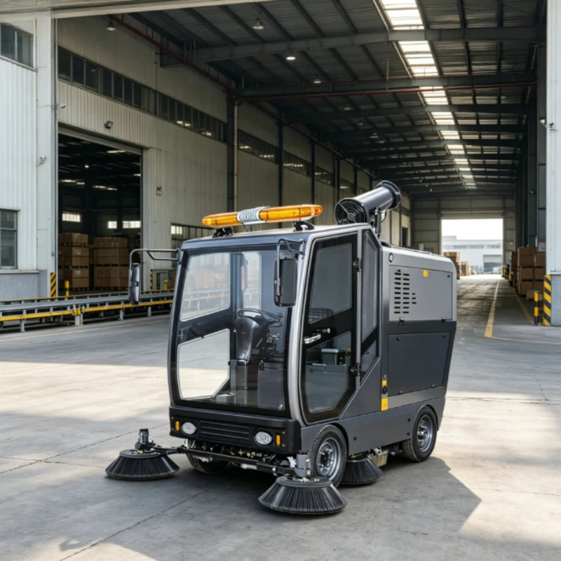 All Enclosed Lithium Ride Sweeper Fully Shielded Cabin Water Mist Washing Street Cleaning Equipment For Hospital Plaza
