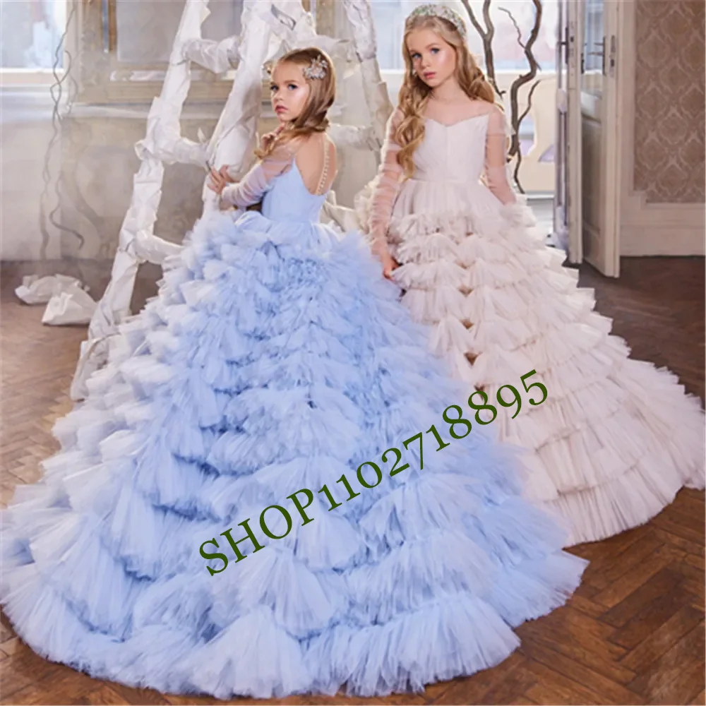 

Luxury Flower Girl Dresses For Wedding Prom Party Christmas Long Sleeve Blue Girls Banquet Gowns Tiered Skirts Princess Dress