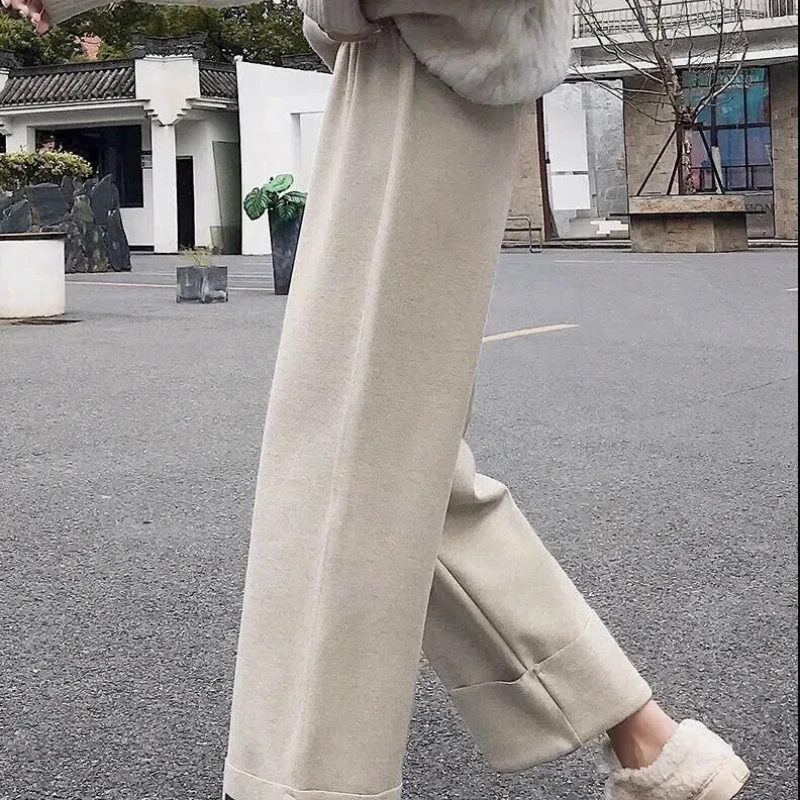 Korean Version 2024 New Women's Autumn Winter Spliced Elasticized High-waisted Pocket Fashion Solid Color Loose Casual Pants