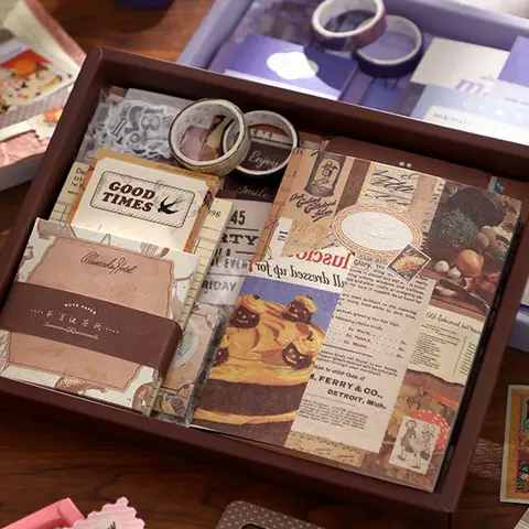 155pcs/box Scrapbooking Collage Junk Journal Decoration Gift Box Includes Tape Sticker Mateiral Paper Card Memo Bag ﻿