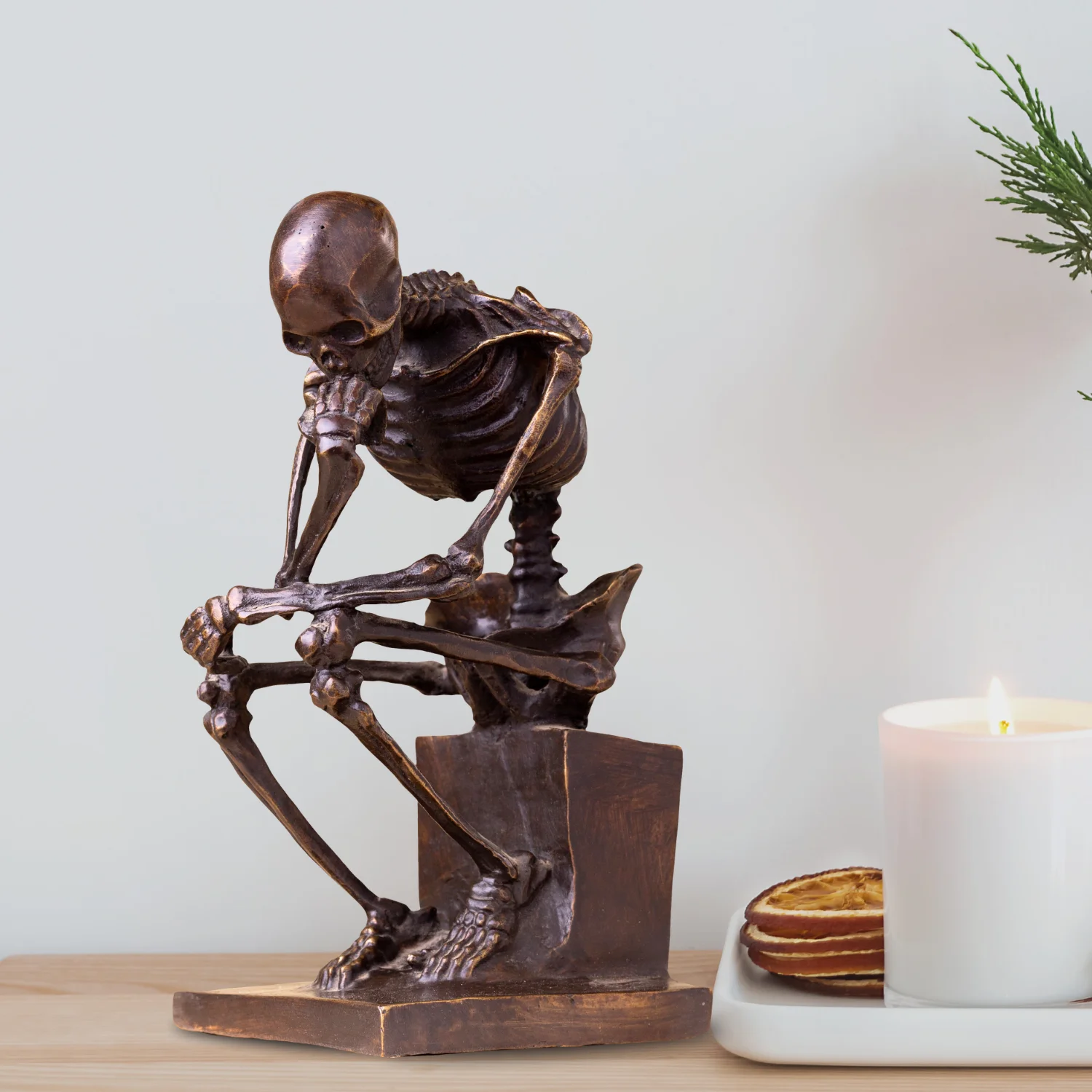 23cm Bronze Skeleton Sculpture Abstract Bronze The Thinker Statue Skull Thinker Statues Antique Art Crafts For Home Office Decor