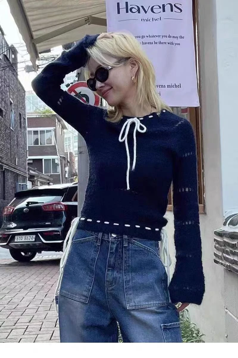

Simple O-neck Drawstring Sweaters Mujer Vintage Hollow Out Knitted Pullover 2024 Autumn Winter New Long Sleeve Tops Mujer