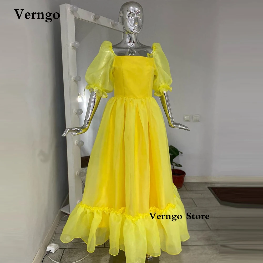 

Verngo Real Picture Yellow Organza Evening Party Dresses Simple Puff Half Sleeves Tiered Princess Prom Gowns Girls Formal Dress