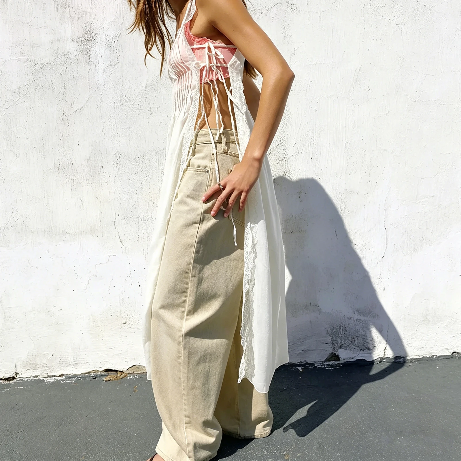 Womens Sheer Lace Trim Maxi Tops Sleeveless Side Tied Split Long Coverups Lightweight Smocked Pleated Bust Chic Tank Apron