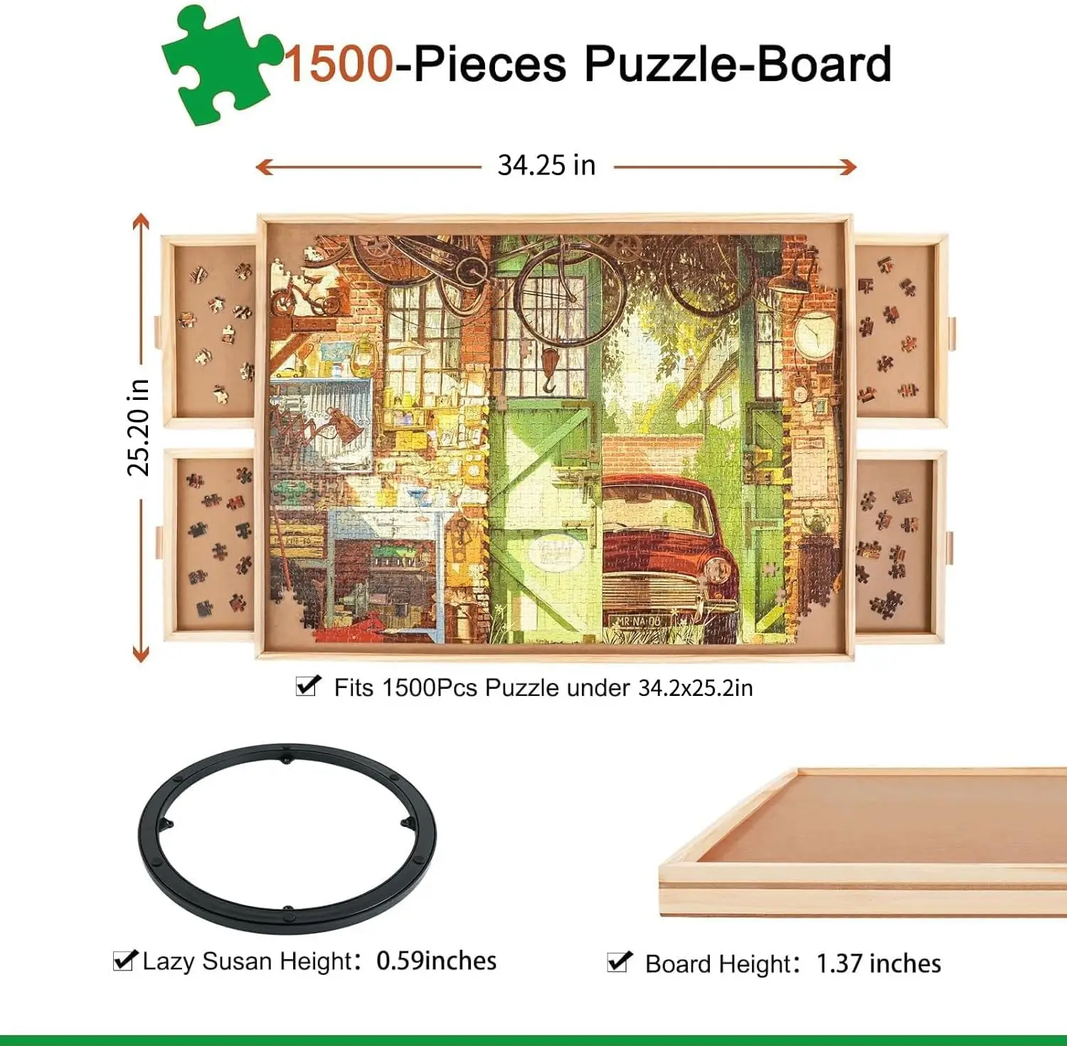 1500 ชิ้นหมุนกระดานปริศนาลิ้นชักและฝาครอบ,25 "x 34" แบบพกพาไม้จิ๊กซอว์ปริศนาตารางสําหรับผู้ใหญ่แบบพกพา,Lazy Susa