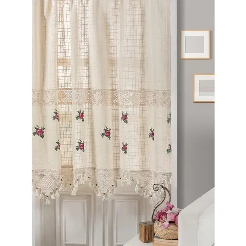 Buldan Csn Textile Sprinkle Red Cross Stitch Embroideried Curtain Buldan Fabric natural cotton and linen blend yarns woven.