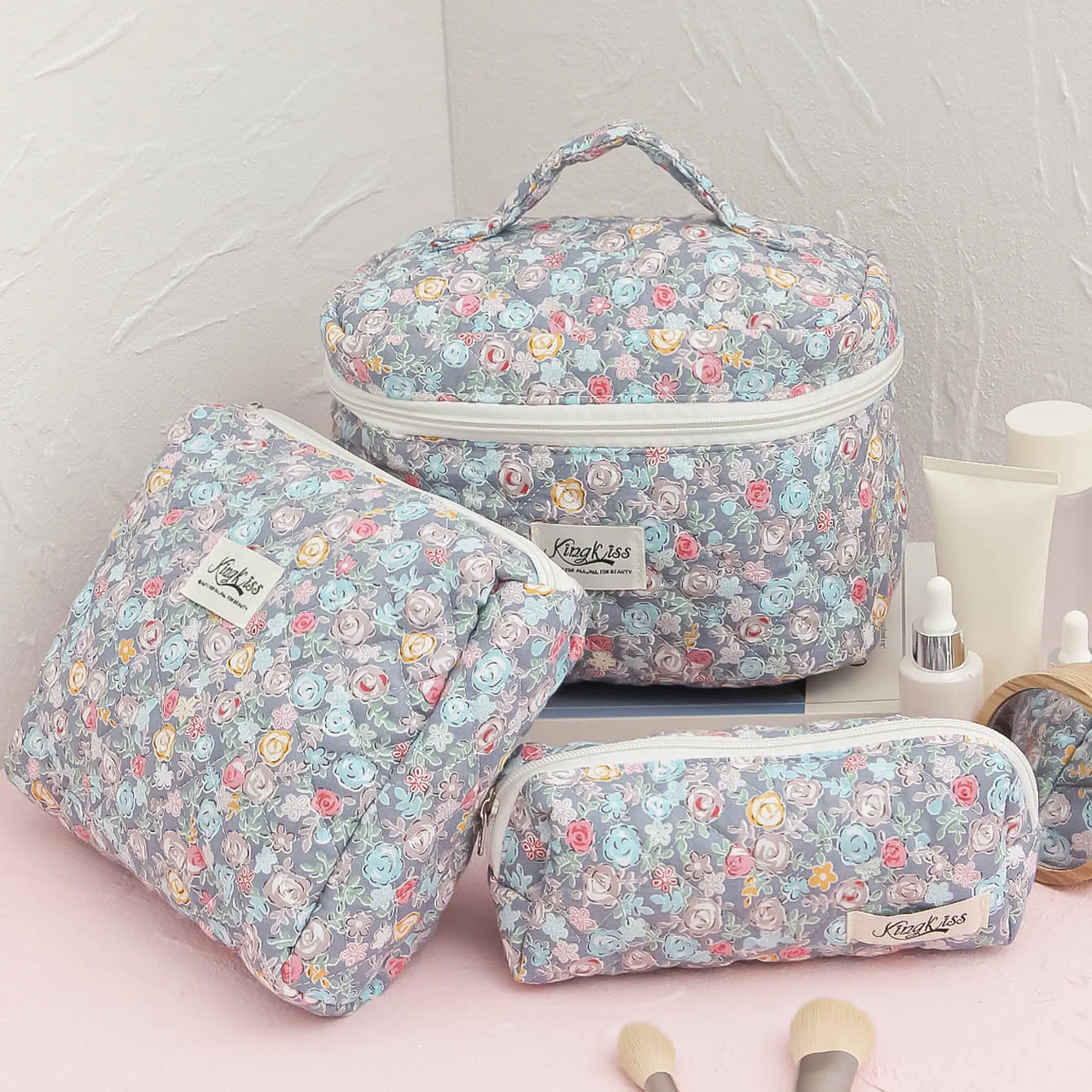 Quilted Floral Cosmetic Bag Aesthetic Travel Storage Makeup Skincare Bag Organizer Storage Makeup Organizer For Women Girls