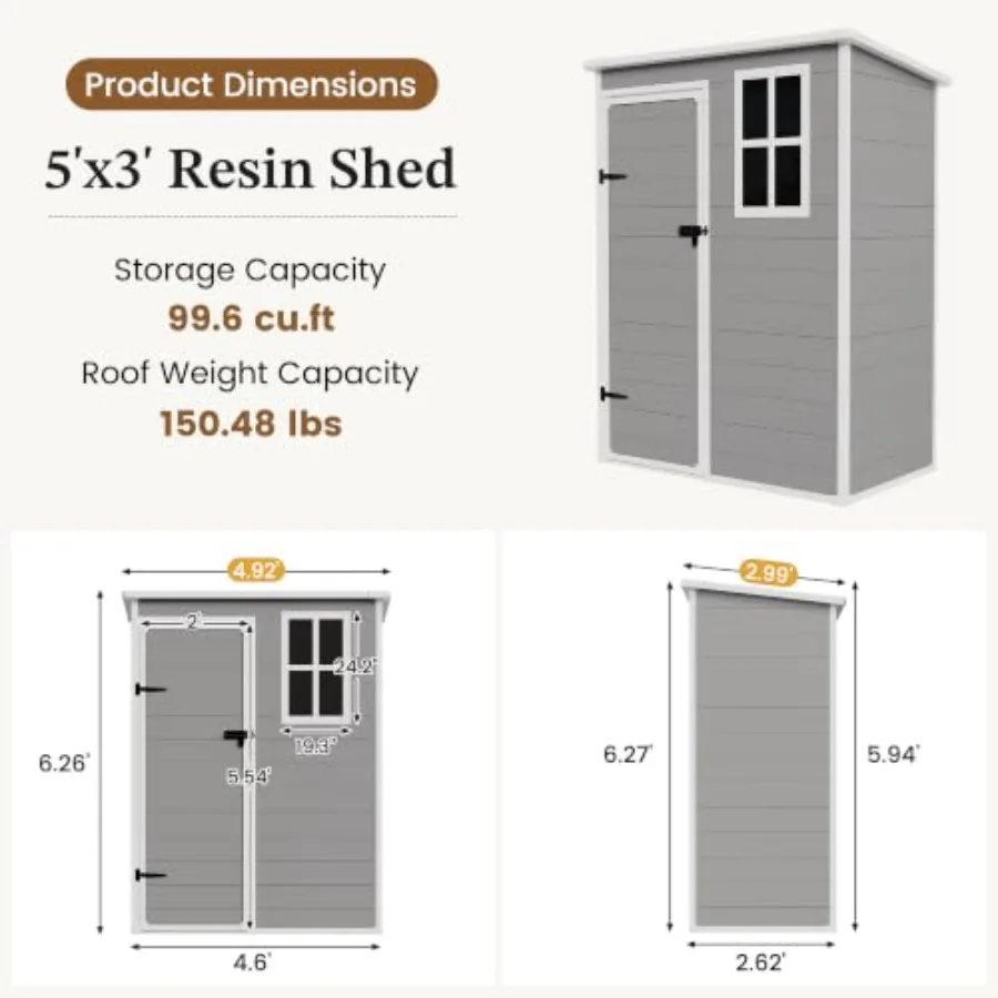 Outdoor Storage Shed 5x3 Feet for Garden Use, Resin Material, Grey Color, Includes Floor and Weather-Resistant Design