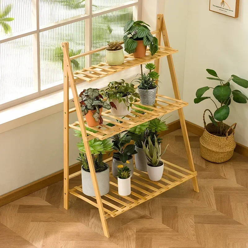 Multi-functional Balcony flower stand Indoor solid wood decorative flower pot stand Floor-to-ceiling trapezoidal shelf