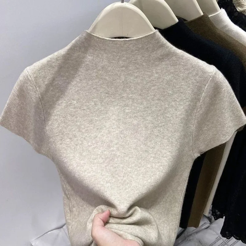 Minimalist Half High Neck Knit Sweater Women Summer Short Sleeve Pullover Solid Color Slim Fit Bodycon Ladies Basic Tops