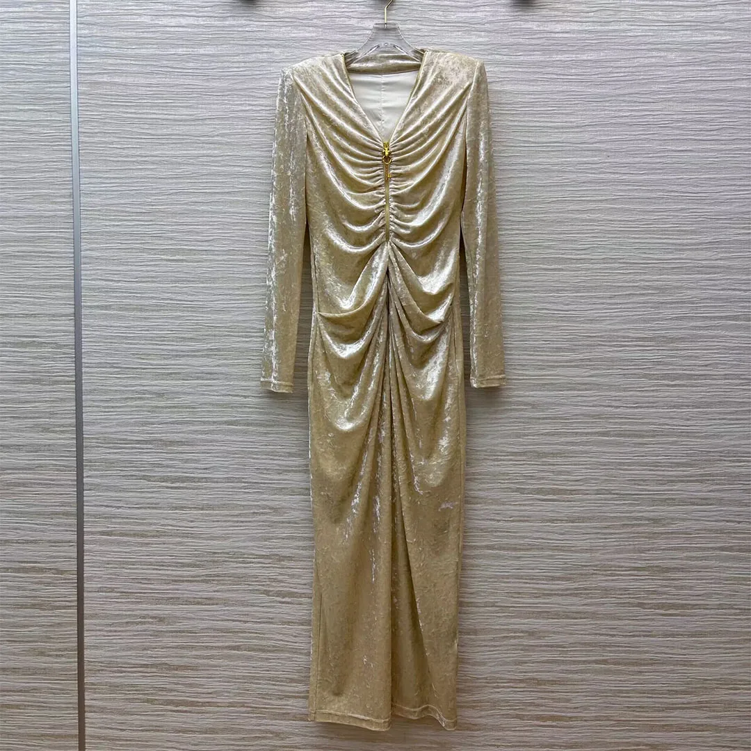 

2025 New Autumn Elegant Shinny Velvet Long Party Dress Women V-neck Long Sleeve Zipper Gold Key Zipper Folds Vintage Maxi Dress