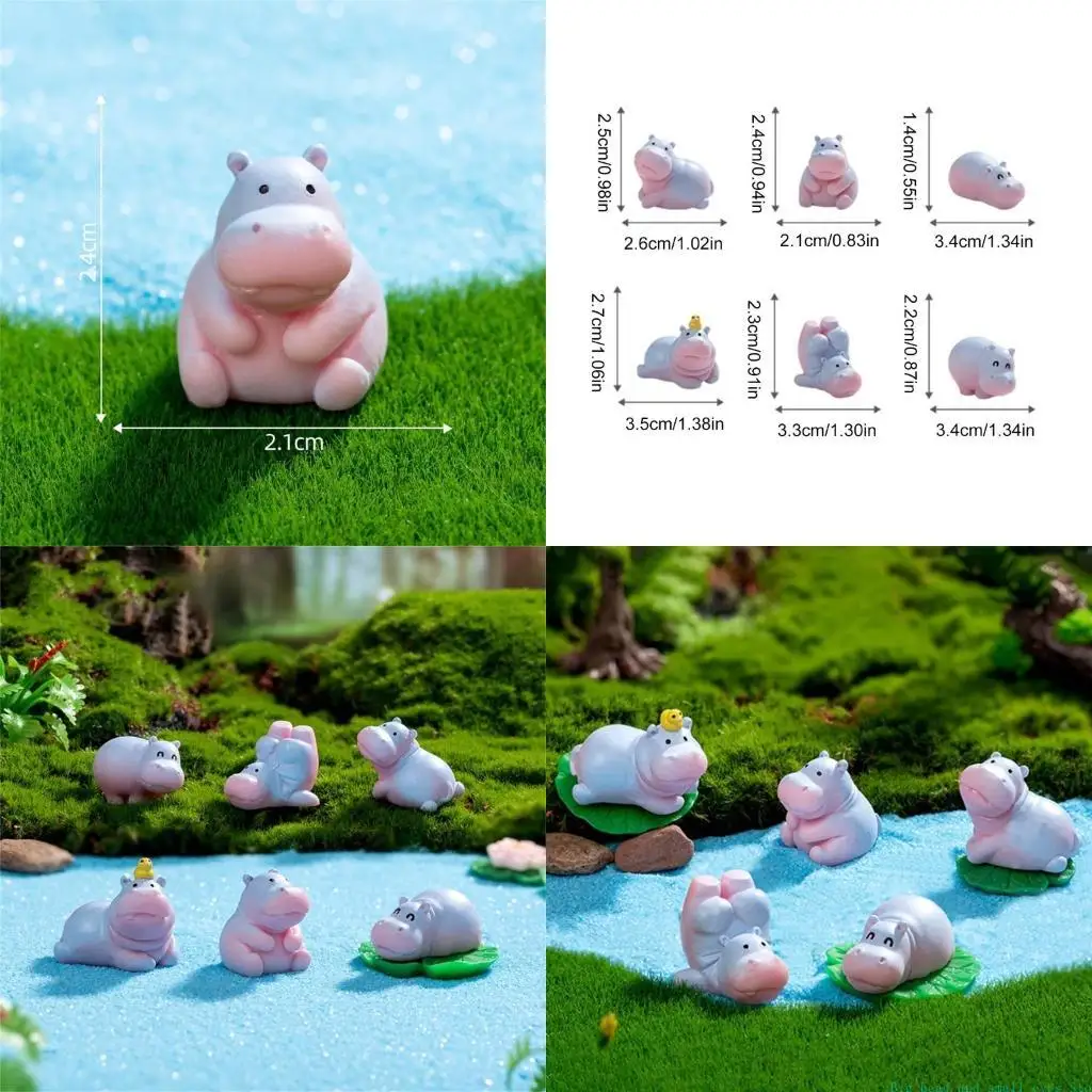 581C Hippo Miniature Figurines Set of 6 for Home and Garden Plant Pots Decoration