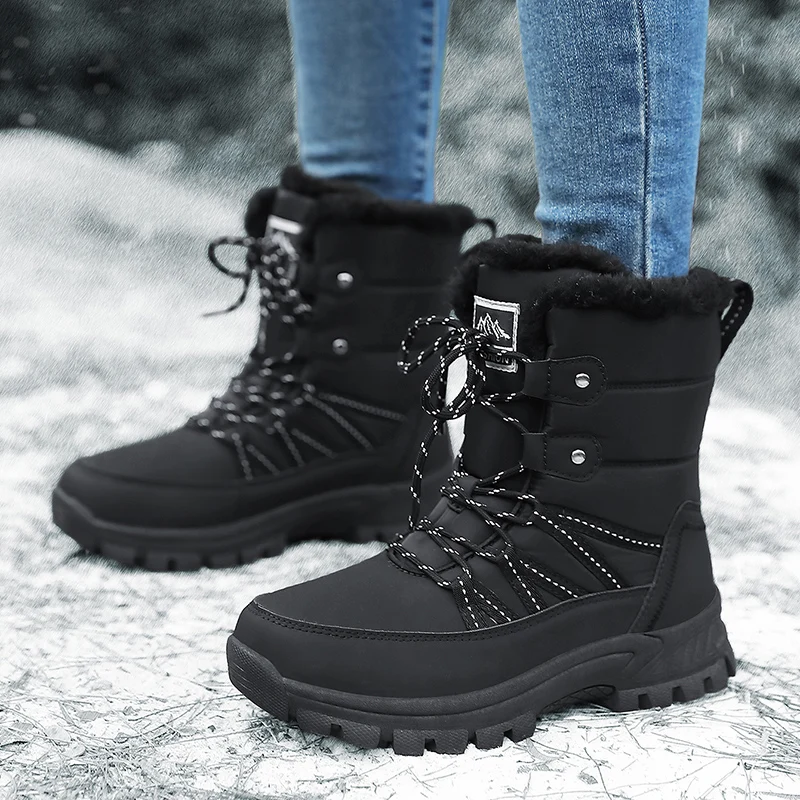 

Winter Snow Boots Women High Top Lace-up Plush Warm Soft Solid Color Casual Shoes Women Anti-slip Hiking Shoes Women