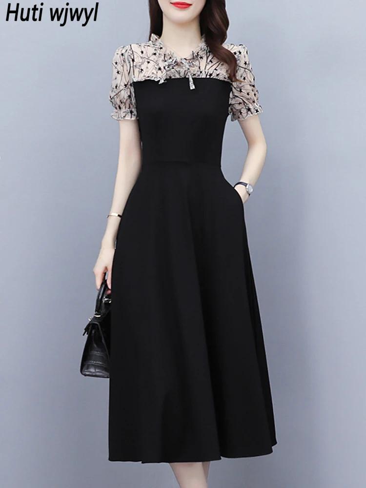 2024 Black Chic Ruffled Collar Midi Dress Summer Short Sleeve Elegant Women Bodycon Party Dress Korean Vintage Prom Night Dress