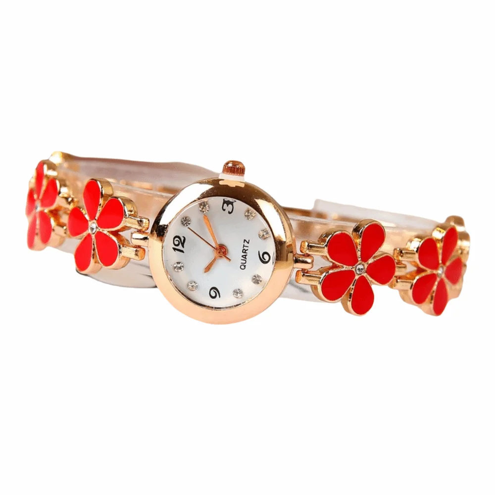 Vintage Multi Color Women's Quartz Watch Five-Leaf Flower Small & Delicate Quartz Wristwatch Floral Design Watch Ladies Gif
