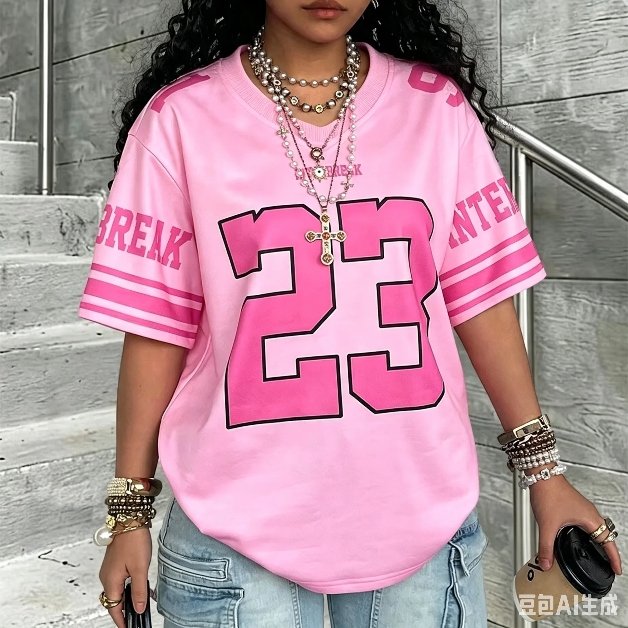 Damen Übergroßes Rosa 23 Nummer Bedrucktes Basketball-Trikot Vintage Kurzarm Streetwear Shirt Y2K Hip Hop Unisex Sport-T-Shirt Tops – Detail 3