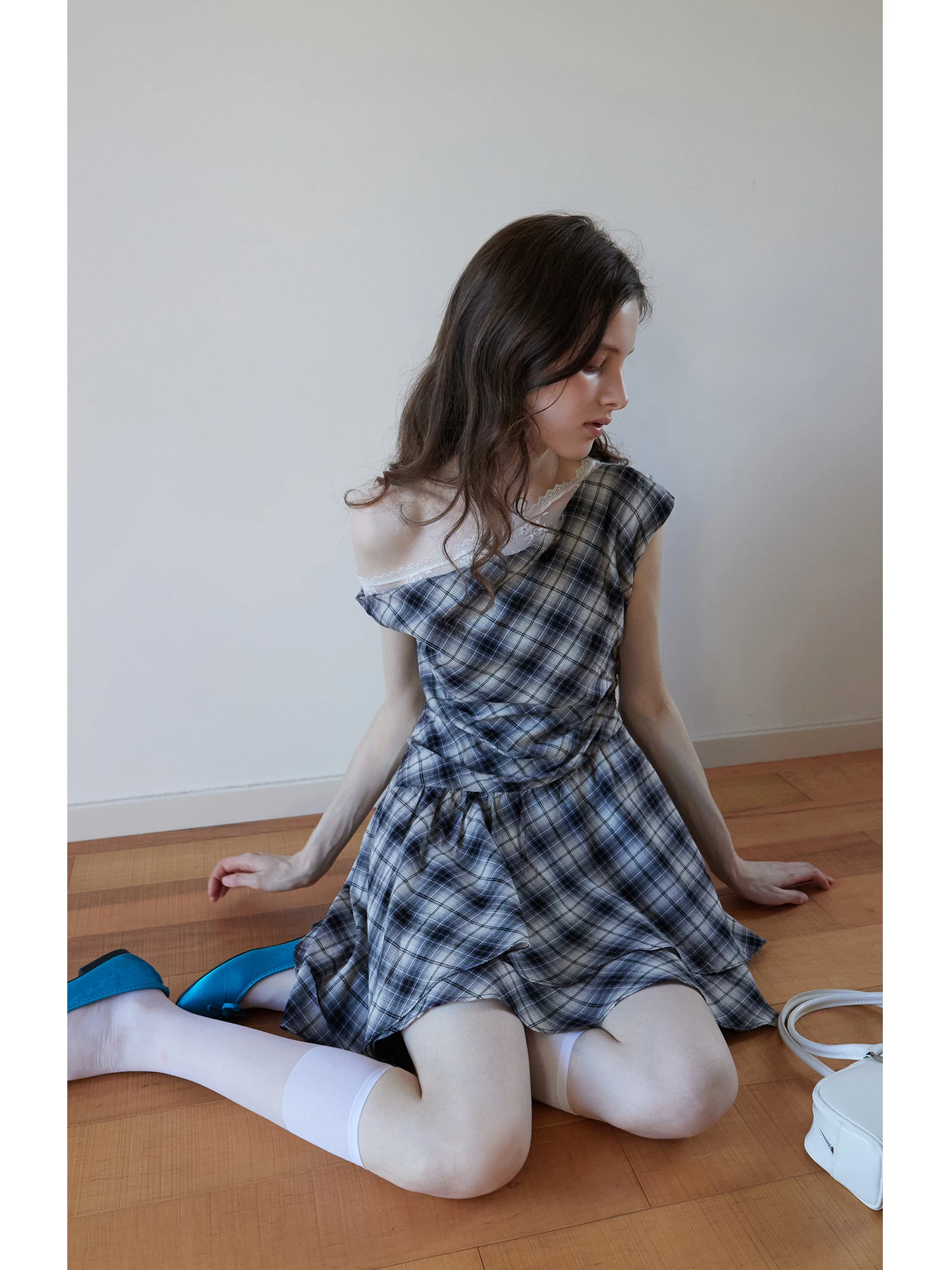 Eggka Korean Sle Lace Collar Plaid Svel Women's Dr Slimming A-Line ort Skirt High Waist Summer Faion Dr