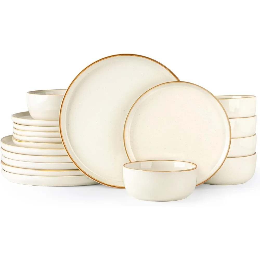 

Dinnerware Set, 18 Piece Ceramic Plates and Bowls, Stoneware Plates Handpainted, Dishwasher & Microwave Safe (Speckled Beige, S