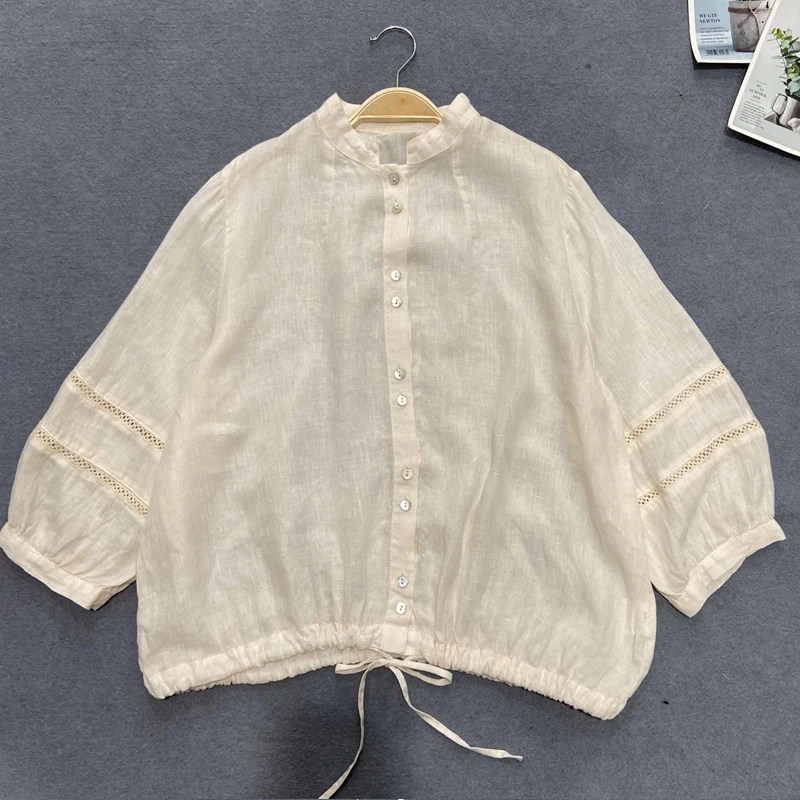 Johnature Spring Autumn 2024 New Women Japanese Vintage Short Lace-Linen Shirts Casual Stand Collar Loose All Match Female Tops