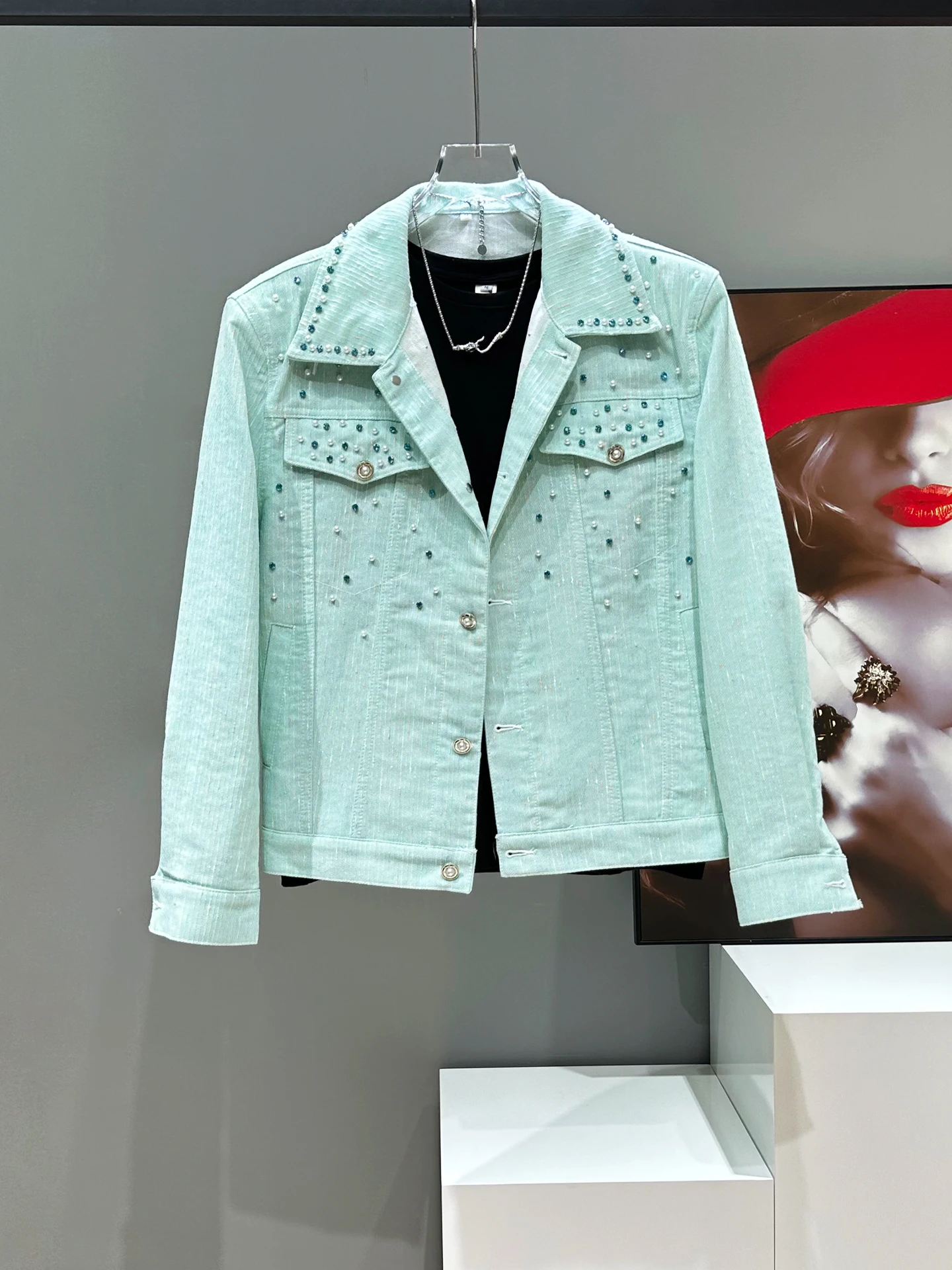 

Original Home Brand Faion Pearl Embroidery Jeans Jaet Casual Versatile Turn-down Collar ort Outerwear for Youth