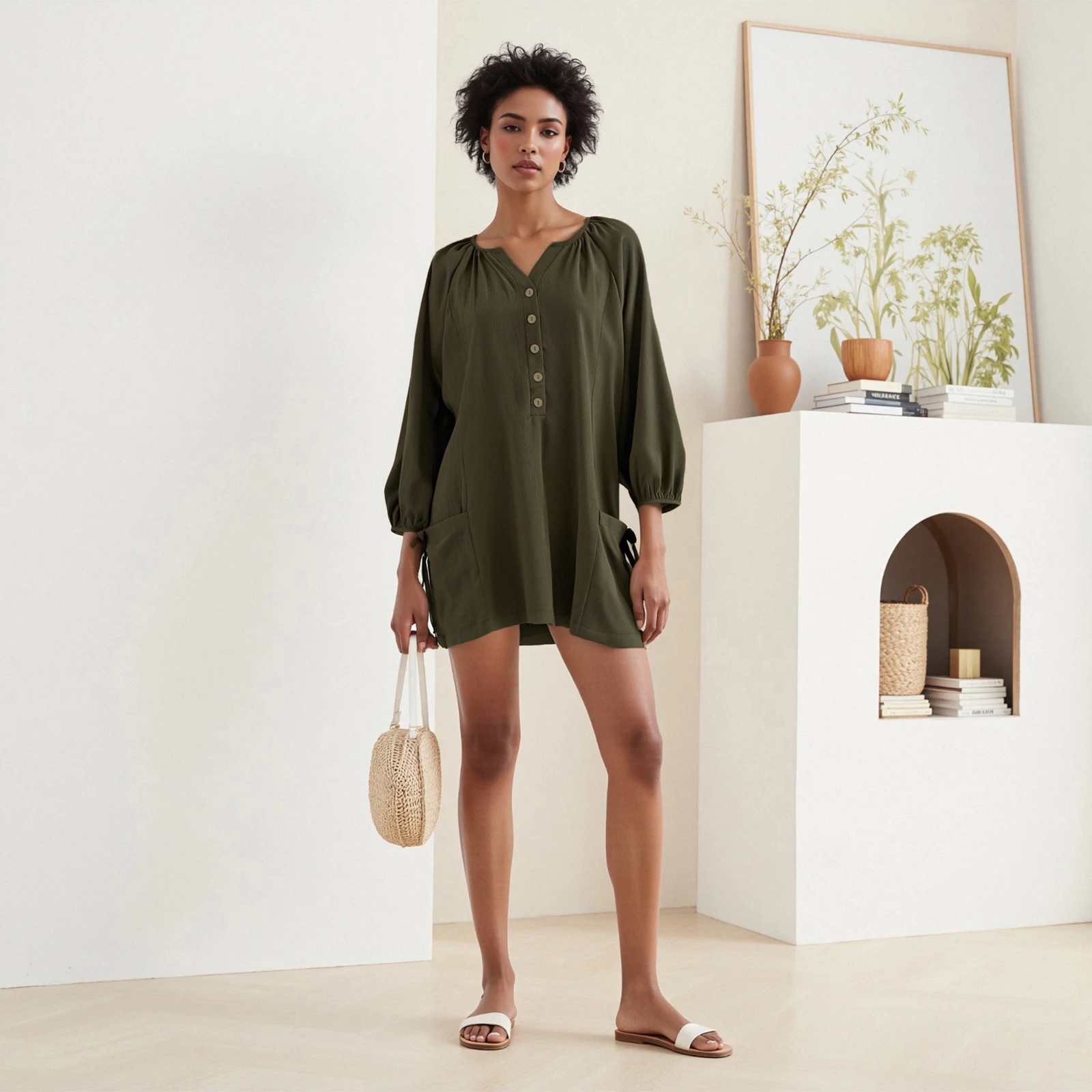 Women s Short T-shirt Dress Long Lantern Sleeve Round Neck Solid Color Button Up Dress with Pockets