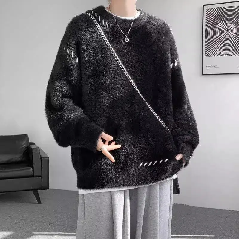 

Lazin Thiened круглый вязаный свитер Ne, мужской осенне-зимний корейский свободный однотонный пуловер из мягкого норкового меха...