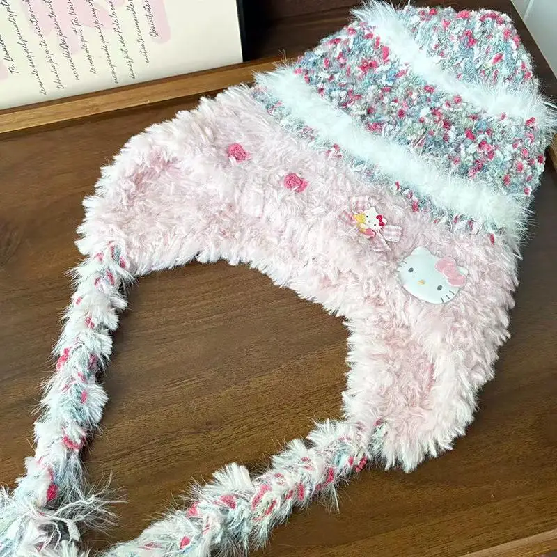 سانريو مرحبا كيتي الصوف محبوك قبعة شتاء دافئ الباردة واقية قبعة KT الأذن حماية قبعة جرلي الإكسسوارات هدايا عيد الميلاد