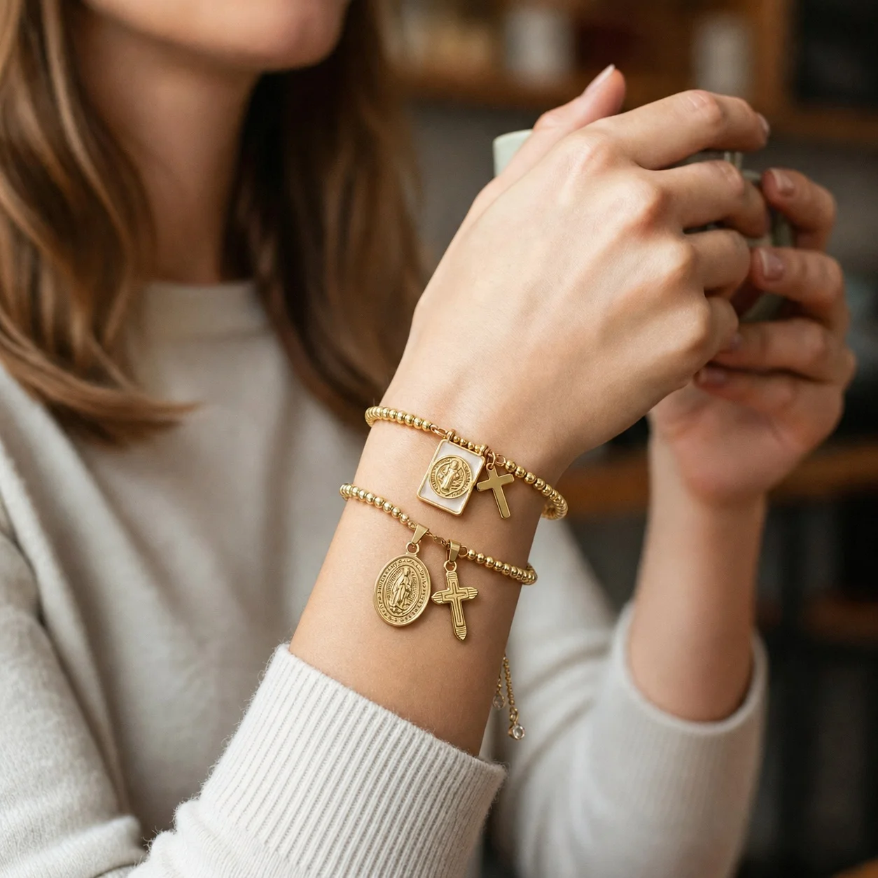2pcs Cross and Round Medal Charm Beaded Bracelet Copper Gold Tone Catholic Religious Lace-up Bracelet for Women
