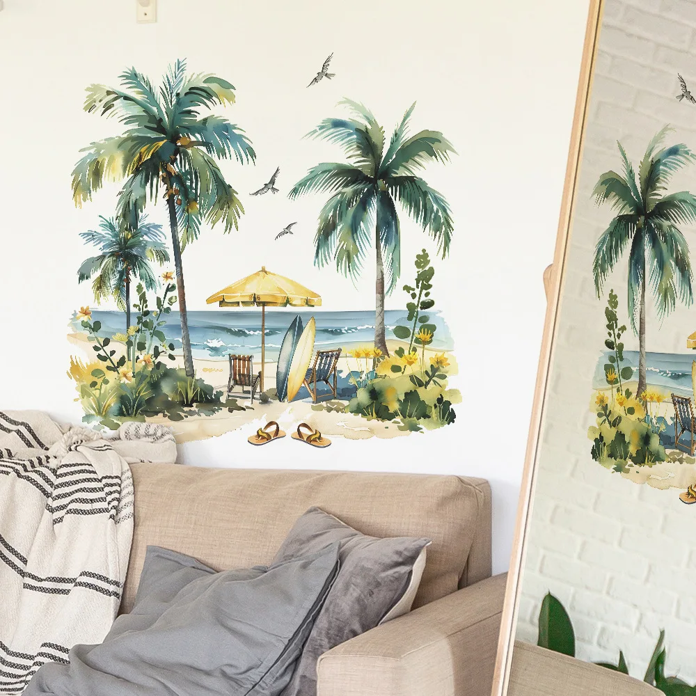 Colored Summer Beach Coconut Trees Wall Stickers Living Room Background Decor Decals Bedroom Home Decoration Self-adhesive Mural