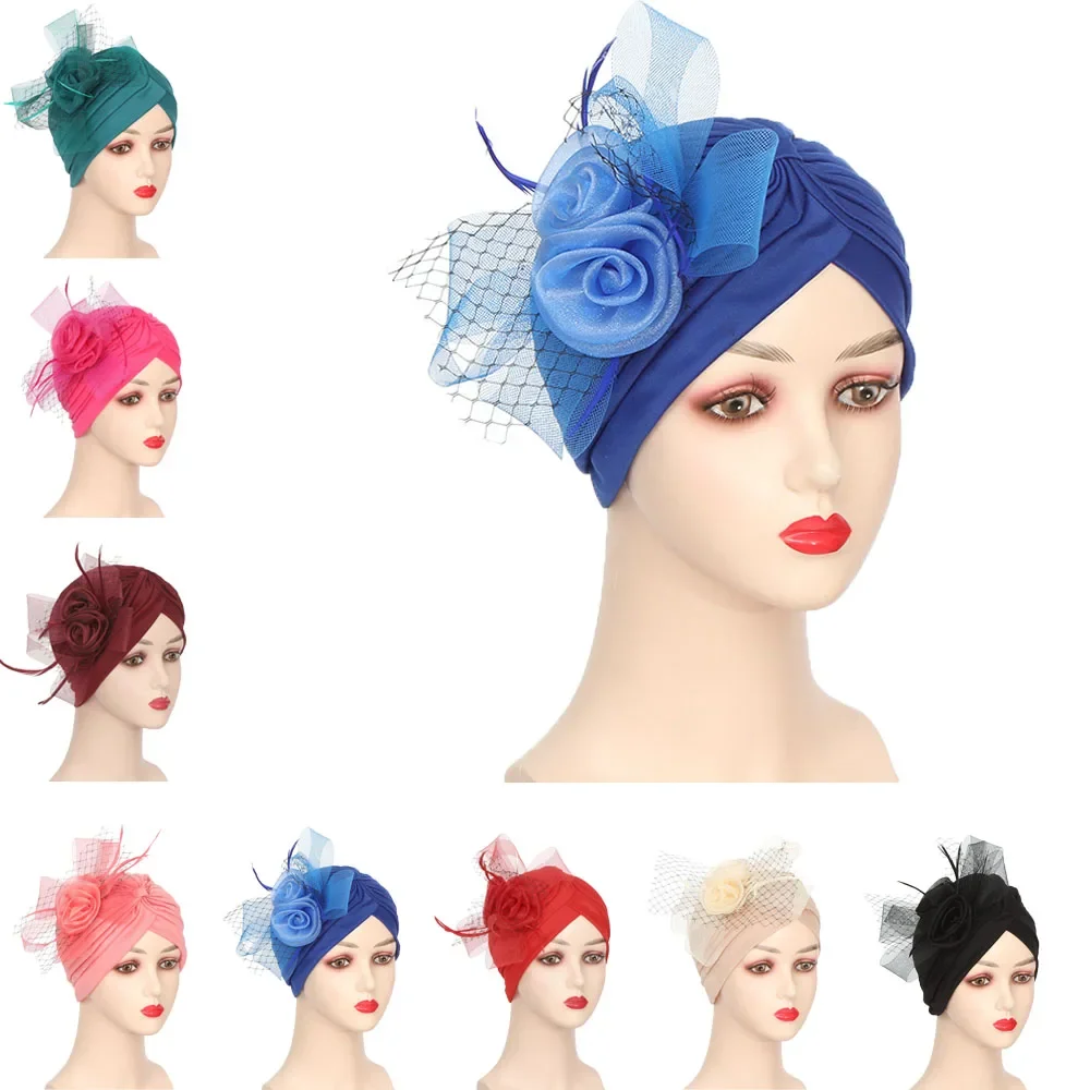 

Elegant Women Flowers Turban Bonnet Muslim Headscarf Caps Party Headwear African Headtie Nigeria Female Top Hat Wedding Fashion