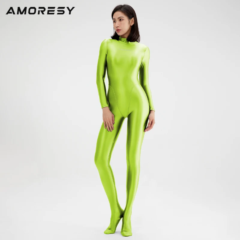 Sexy Glossy Tights Shiny High Long Sleeved Back Zipper Collar Jumpsuit Smooth Running Yoga Sportswear Slim Diving Suit Swimwear