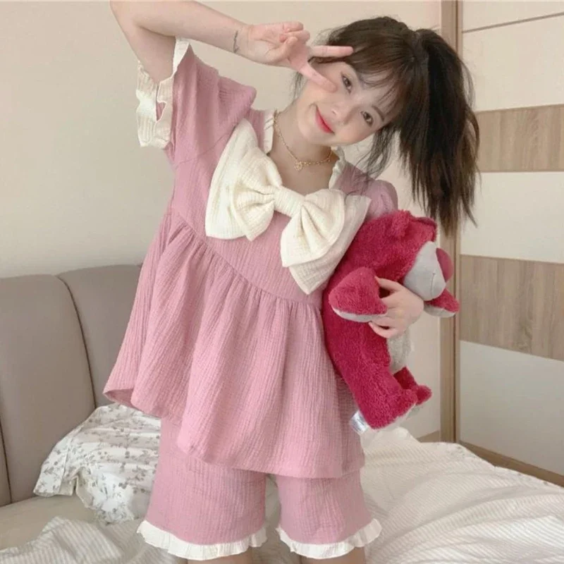 

Pajama Sets Women Kawaii Bow Summer Designed Fashion Schoolgirls Baggy Simple Patchwork Sleepwear Tender Ulzzang Home Cozy Soft