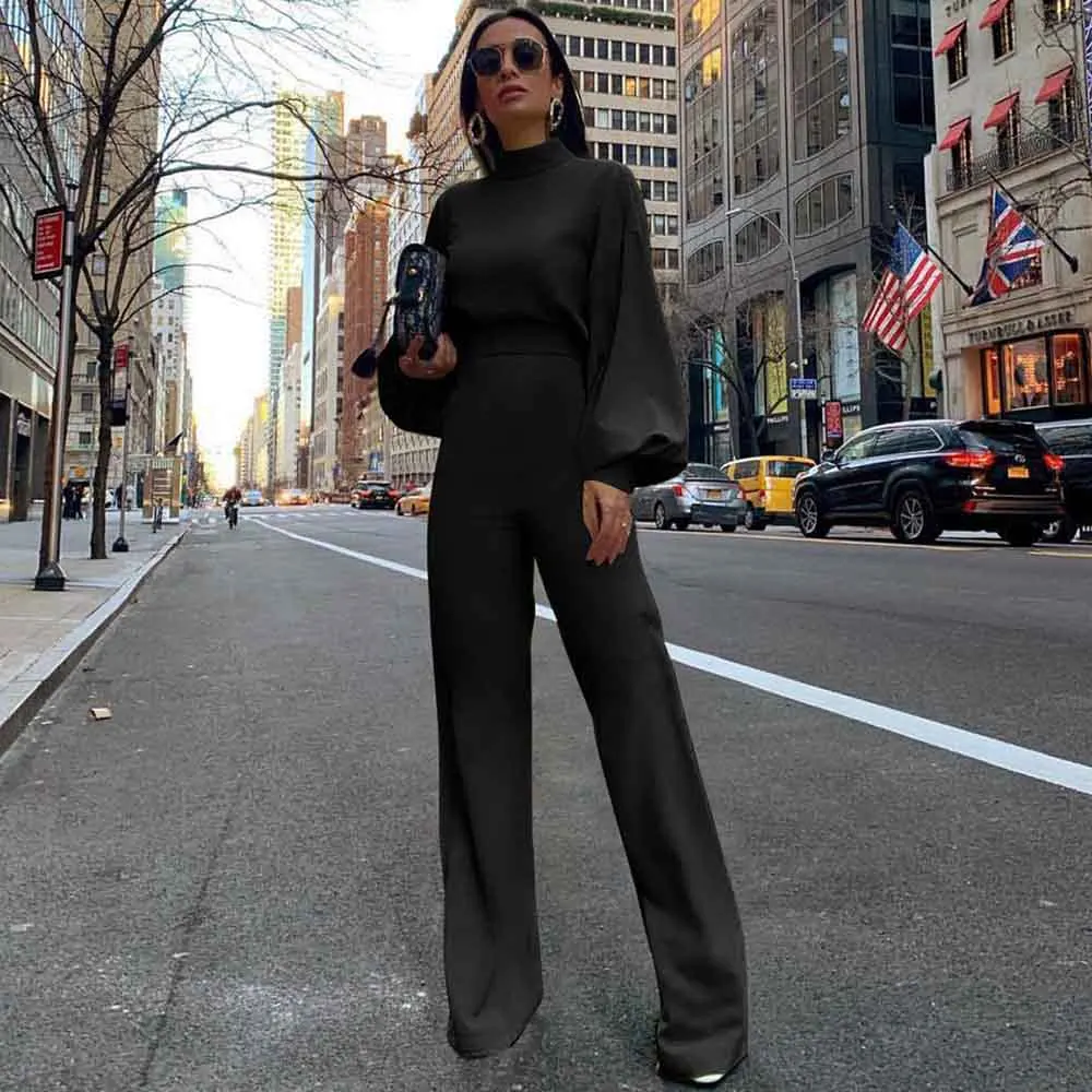 Wide Leg Pant Jumpsuit Women Fashion Stand Neck Lantern Sleeve Rompers Autumn Winter Casual High Waist Jumpsuits Black