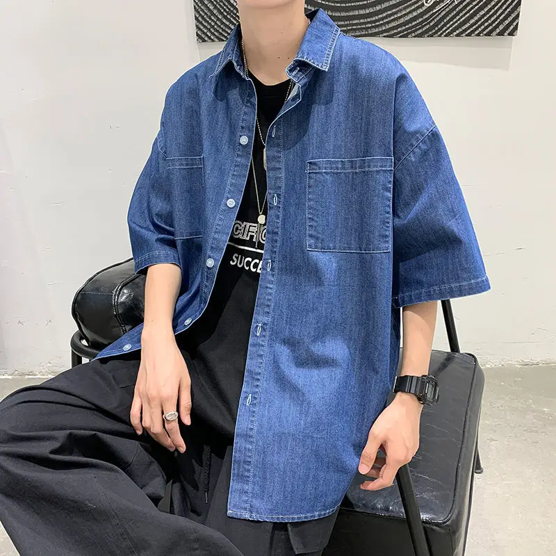 

Summer Lightweight Men's Denim Shirt Short Sleeve Casual Loose Vintage Coat