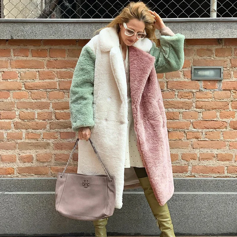 2025 New Color Block Long Coat Women Thick Warm Furry Top Fashion Versatile Elegant Design Multiple Colors Available