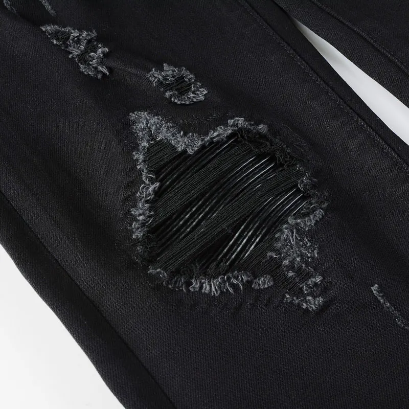 Y2K High Street Fashion New Men's Jeans Washed Nostalgic Stretch Slim Fit Perforated Patch Retro Black Jeans Designer Hip Hop Br