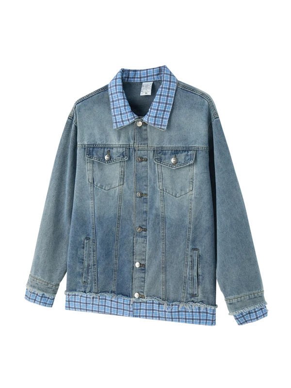 

Модная мужская джинсовая куртка в клетку с вставками, повседневная, с воротником, весна-осень, американский стиль, свободный крой, длинный рукав, молодежная мода