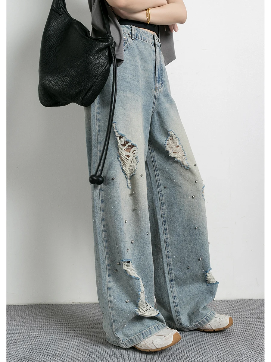 

American Retro Blue Wide Leg Denim Jeans Women's Summer New Arrival High Waist Long Pants Casual Style High Temperature Resis...