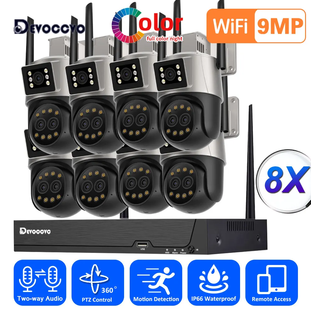 

H.265 9MP Wireless CCTV System Two Way Audio 8x Zoom Three Lens PTZ WIFI IP Security Camera 8CH 5MP NVR Video Surveillance Kit