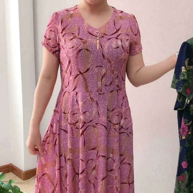 Summer Short Sleeve Waist A-Line Dresses Stylish Three-dimensional Decoration Female Vintage Printed Casual V-Neck Midi Dress