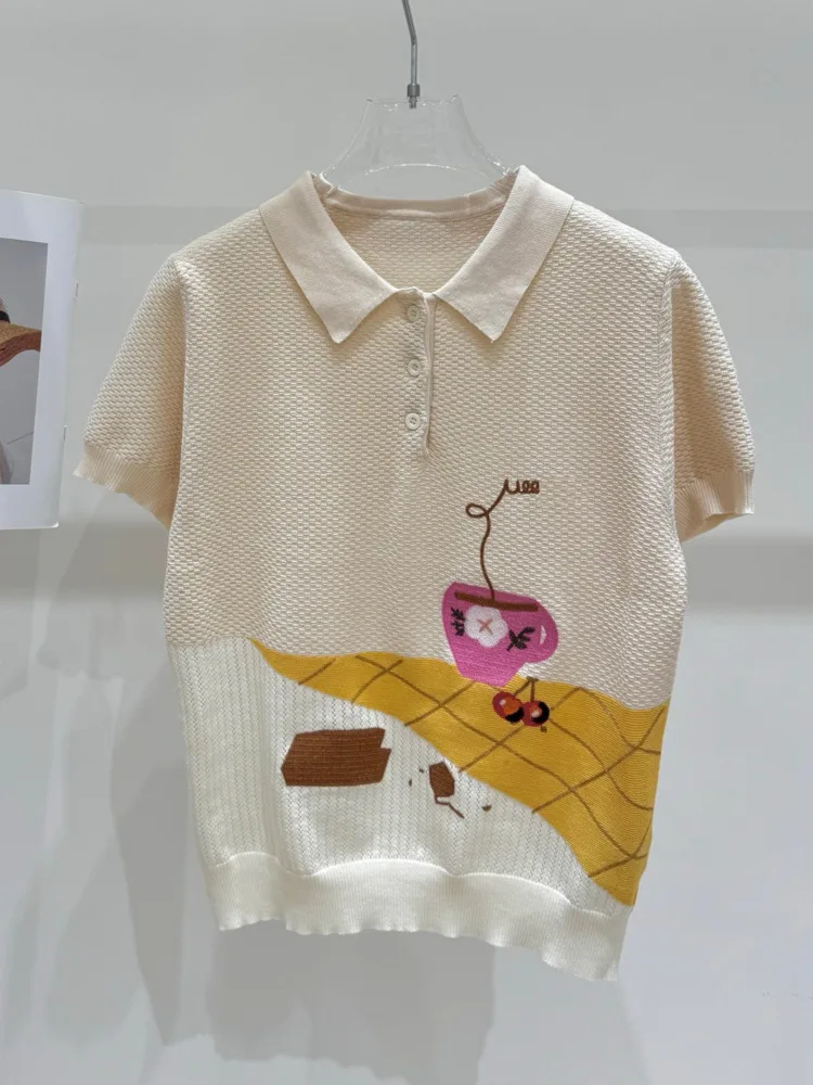 

2025 Summer New Style Black Letter Coffee Food Embroidery Color Block Knit Short Sleeve Turn-down Collar Loose Women's Chic Top