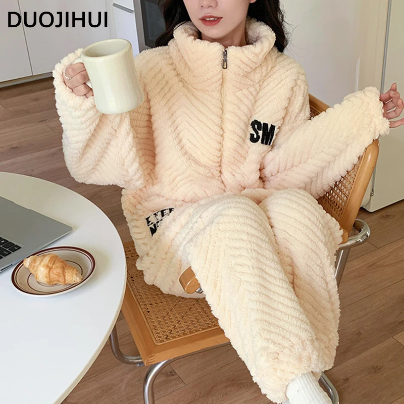 DUOJIHUI Green Simple Letter Print Fashion Women's Pajamas Set Winter Chic Flannel Loose Thick Warm Casual Female Sleepwear Set