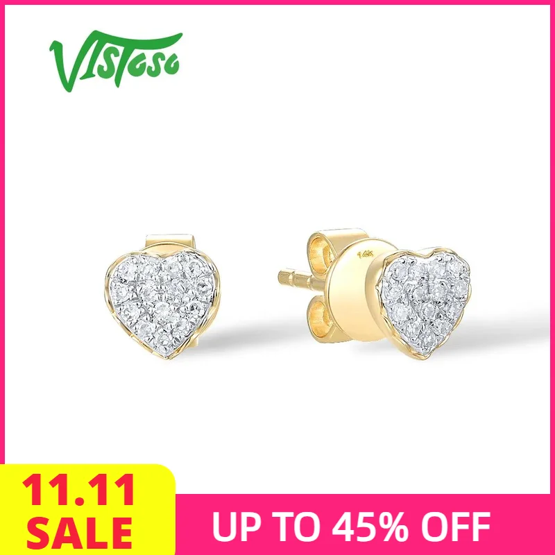 

VISTOSO Pure 14K 585 Yellow Gold Stud Earrings For Women Sparkling Natural Diamond Little Heart Trendy Minimalist Fine Jewelry