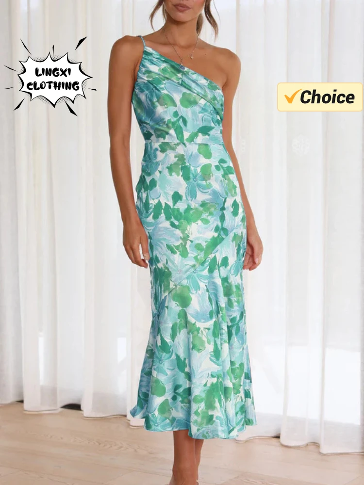 Summer Fashion Summer Skew Shoulder Print Holiday Style elegante abito Sexy da donna temperamento Beach abito lungo a coda di pesce da donna