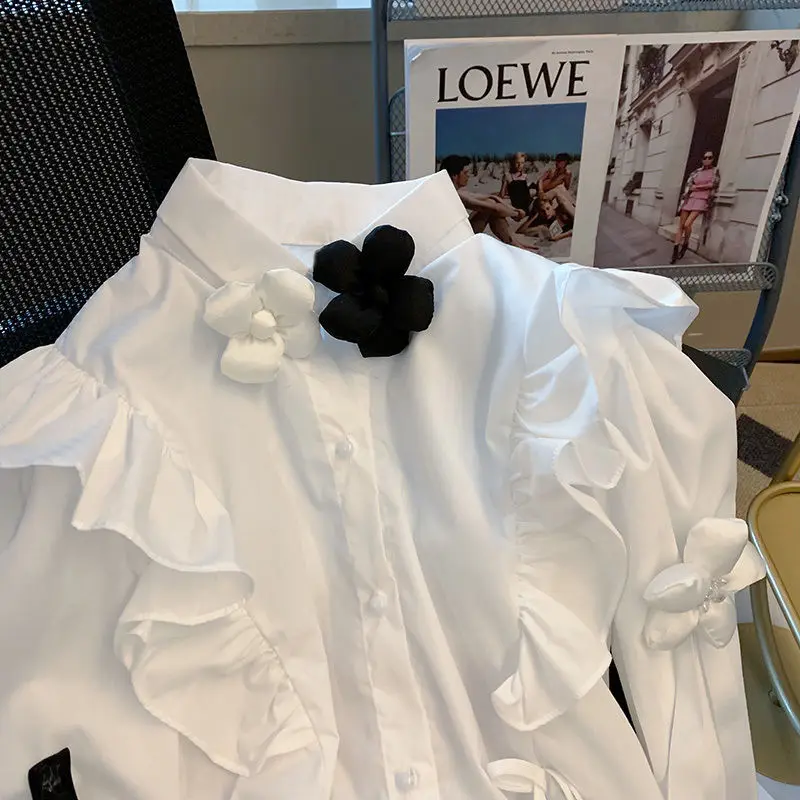 Spring Autumn New Solid Color Fashion Long Sleeve Shirt Women Elegant POLO Collar Button Cardigan Ruffles Bow All-match Blouse