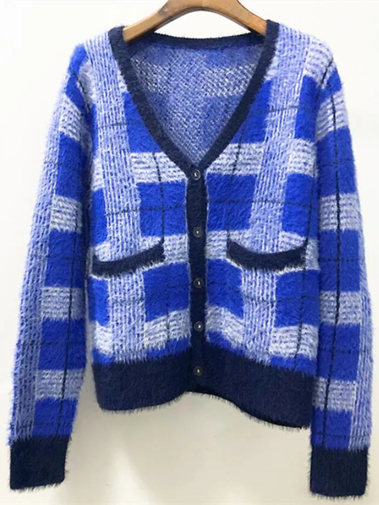 Harajuku Lazy Style Mohair Sweater Vintage Women Knitted Plaid Cardigans Ladies V-Neck Button Fuzzy Fluffy Knitwear Top